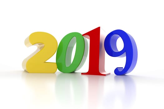 Colorful 2019 on a white background, New Year concept, 3d rendering