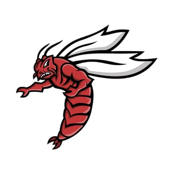 Mascot icon illustration of a Florida woods cockroach, Florida skunk roach, Florida stinkroach, skunk cockroach or palmetto bug pointing with wings flying on isolated background in retro style.