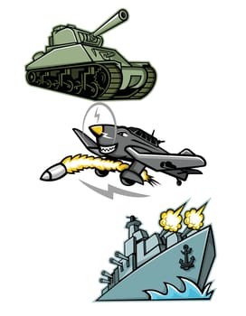Mascot icon illustration set of World War 2 military vehicles like the American M4 Sherman medium tank, the Junkers Ju 87 or Stuka German  dive bomber and an American destroyer warship or battleship viewed from low angle on isolated background in retro style.