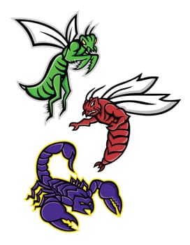 Mascot icon illustration set of scary insects like the praying mantis or mantis, the Florida wood cockroach,  skunk roach  or palmetto bug, scorpion with venomous stinger on isolated background in retro style.