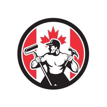 Icon retro style illustration of a Canadian professional handyman or household maintenance guy with Canada maple leaf flag set inside circle on isolated background.