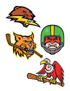 Sports mascot icon illustration set of heads of American wildlife like the North American beaver with lightning bolt, bobcat or lynx cat with ice hockey stick, bulldog wearing gridiron or football helmet and California condor or vulture with baseball bat  on isolated background in retro style.
