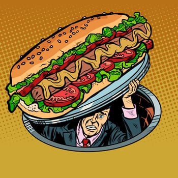 hot dog with sausage and salad. man under fast food. Pop art retro vector illustration vintage kitsch drawing