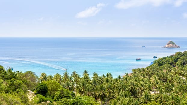 Beautiful nature landscape blue sea at Aow leuk bay under the summer sky from high scenic view point on Koh Tao island is a famous tourist attraction in Surat Thani, Thailand, 16:9 widescreen