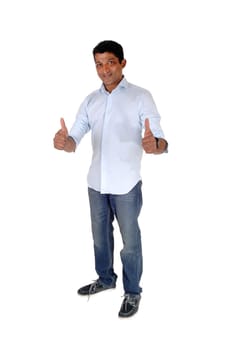 A full body image on an East Indian man in jeans and blue shirt standing.with booths of his thumps up, isolated for white background.