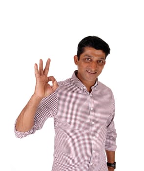 A happy handsome man in a checkered shirt standing and signing it.is OK with his hands, isolated for white background.