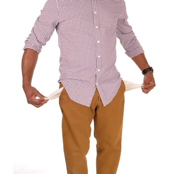 A closeup image of the middle part of his body showing the empty.pockets he is a very poor man, isolated for white background.
