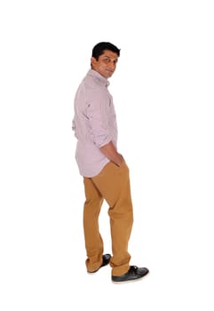 A handsome middle age man standing in a re checkered shirt with.his hands in pocket, looking at camera, isolated for white background.