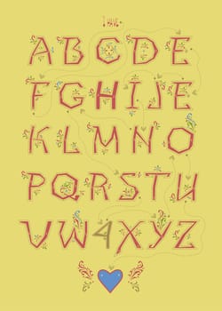 Artistic alphabet with encrypted romantic message I yearn for you. Yellow letters with floral decor. Watercolor graceful flowers and plants. Two red hearts are as the begining and the end of the message.  Illustration