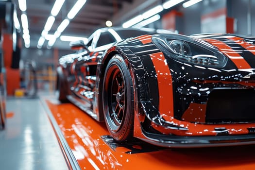 A striking red and black sports car is showcased in an auto shop, emphasizing its sleek design and polished surface. Bright lights illuminate the garage, enhancing the vehicle's aerodynamic features and detailing.