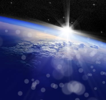 Conceptual image of globe and sunrise. Furnished NASA image used for this image.