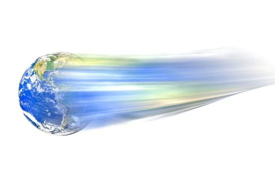 Conceptual image of moving globe isolated over white. Furnished NASA image used for this image.
