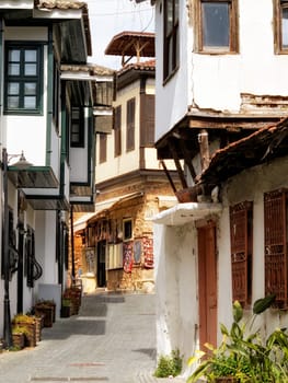Detail shot of old houses and narrow street from Old City, Antalya Turkey