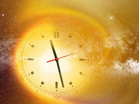 conceptual image of abstract lights and clock in space. NASA space image manipulated and layered www.nasa.gov