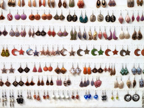 close up various of handmade earring stand in Antalya, Turkey