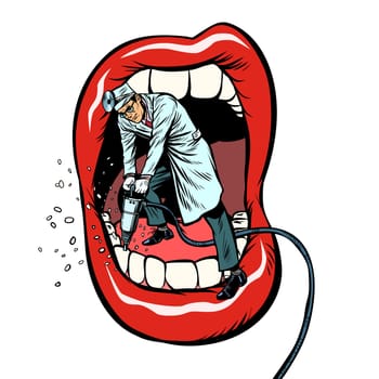 dentist jackhammer drilling teeth. isolate on white background. Pop art retro vector illustration kitsch vintage