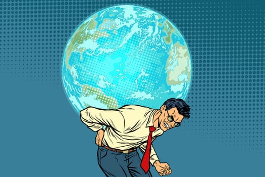 man carrying planet Earth. Pop art retro vector illustration vintage kitsch drawing
