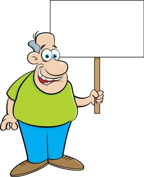 Cartoon illustration of a man holding a sign.