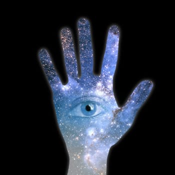conceptual image of hand and abstract lights of universe. NASA galaxy images manipulated and used https://nasasearch.nasa.gov/search/images?utf8=%E2%9C%93&affiliate=nasa&query=galaxy+images