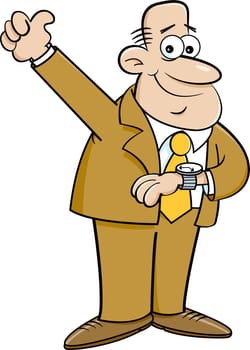 Cartoon illustration of a man looking at his watch and giving thumbs up.
