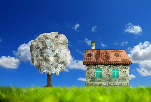 Conceptual image of money house on green landscape