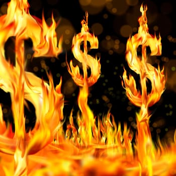 Conceptual image of burning dollar sign and fire flames