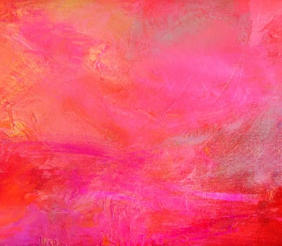 the color pink with its different shades. Opaque color areas and glazes applied with brush and wiped. Canvas,hobby,painting,close-up.