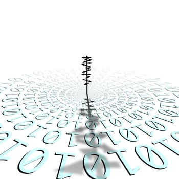 conceptual image of silhouetted directional sign on binary code matrix