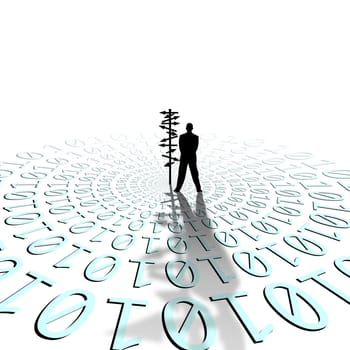 conceptual image of silhouetted directional sign and businessman on binary code matrix