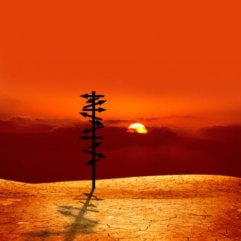conceptual image of silhouetted directional sign on cracked dry landscape over sunset