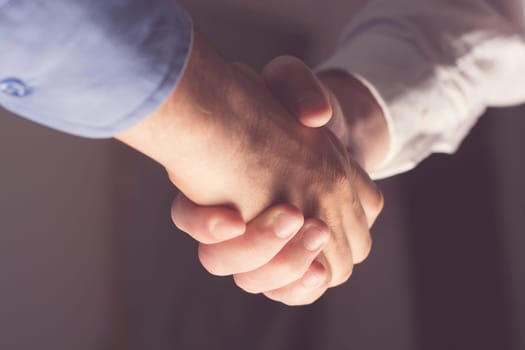Handshaking of two business people. Partnership - Teamwork. Greeting, Form Of Communication. Light in scene come from down.