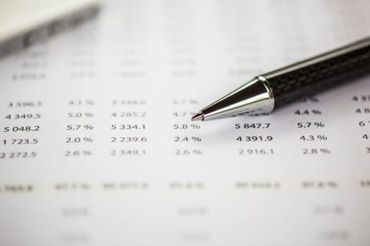 Business analyze data chart and pencil. Mobile phone with calculator blurred in background