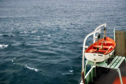 elevated view of rescue boat of a ship.