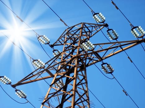close up shot of steel power line tower.