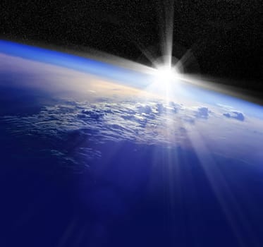 Conceptual image of globe and sunrise. Furnished NASA image used for this image.