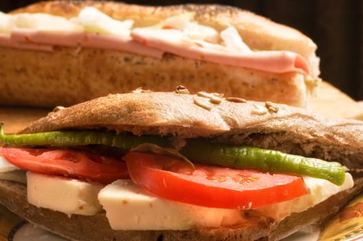 close up shot of fresh cheese sandwich on plate.