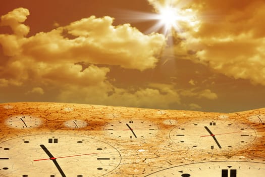conceptual image of clock on dried and cracked landscape over sunny sky.