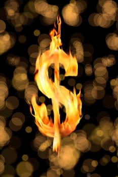close up shot of burning dolar sign over black background.