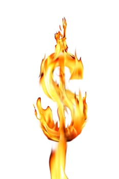 close up shot of burning dolar sign over white background.