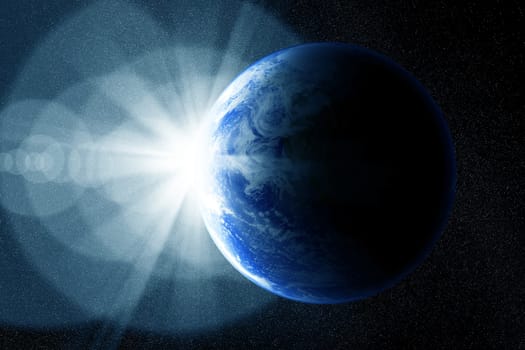 Conceptual image of globe and sunrise. Furnished NASA image used for this image.
