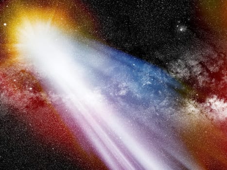 background image of defocused abstract lights and beam of light over glowing space background