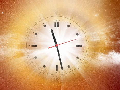 conceptual image of abstract lights and clock in space. NASA space image manipulated and layered www.nasa.gov