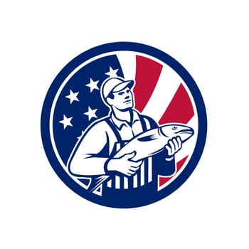 Icon retro style illustration of an American fishmonger selling fish with United States of America USA star spangled banner or stars and stripes flag inside circle isolated background.