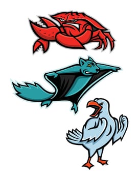Mascot icon illustration set of angry animal wildlife like the red king crab or land  crab, northern flying squirrel and gull or seagull on isolated background in retro style.