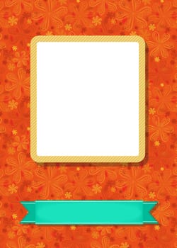 Graceful greeting card. Geometric floral pattern. Yellow frame for custom photo. Green banner for custom text. Orange background