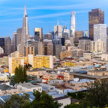San Francisco downtown skyline Aerial view at sunset from Ina Coolbrith Park Hill in San Francisco, California, USA.