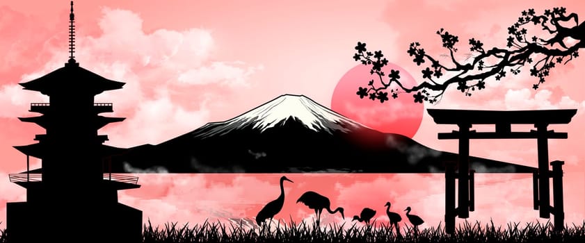 Silhouette Fuji mountain at sunset. Landscape, Mount Fuji. Mount Fuji on a pink background.
