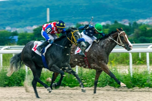 PYATIGORSK, RUSSIA - JUNE 24, 2018:Horse racing for the prize of the Ogranichitelni  in Pyatigorsk,Caucasus,Russia.Ahead - master jockey Hamzat Ulubaev on the brown stallion.
