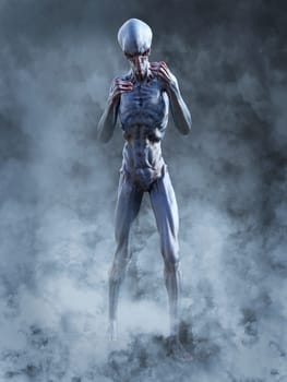 Portrait of an alien creature looking very angry, ready to attack, 3D rendering. He is surrounded by smoke or fog.