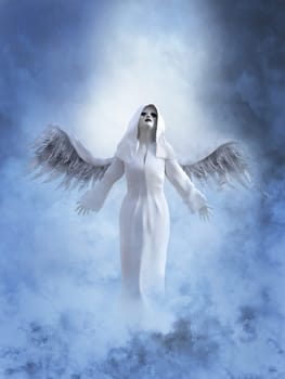 A white angel with its wings spread, 3D rendering. She is surrounded by smoke or clouds like it's a dream or in heaven.